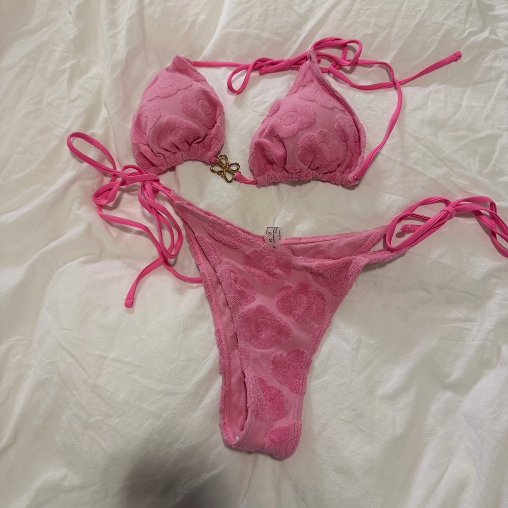 Pink Polka Dot Bikini with Terry Details - M